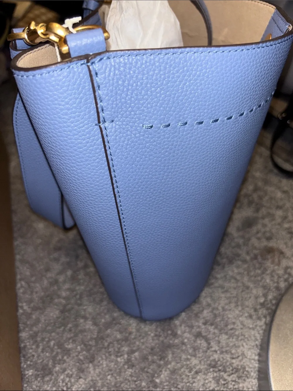 Tory Burch Periwinkle Blue Leather Bucket Shoulder Bag with Gold Hardware